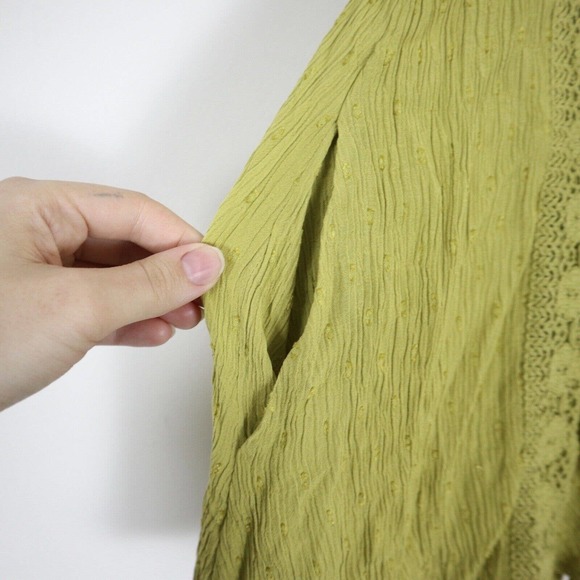 Free People XS Gauze Lace Lattice Neck Tunic Chartreuse Babydoll Bell Sleeve - Picture 8 of 11